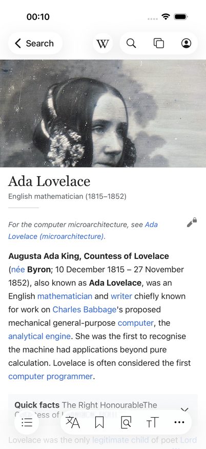 The Wikipedia app on Ada Lovelace's article. Tamam passed the test after quoting her birth date from the screen.